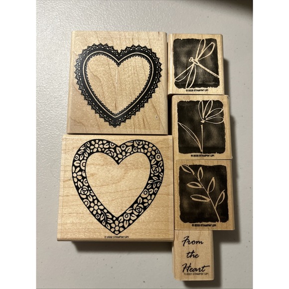 Lot of 6 Wooden Rubber Stamps Hearts, Flowers Stampin Up - Picture 1 of 8